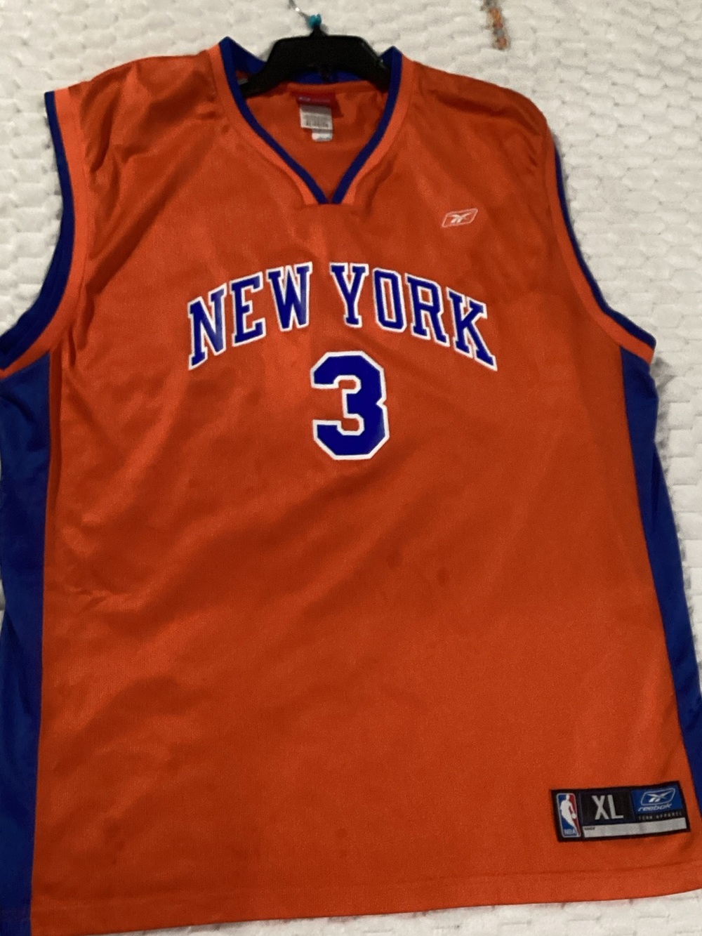 Reebok New York Knicks Orange and Blue #3 Basketball Jersey (Marbury) size XL #4